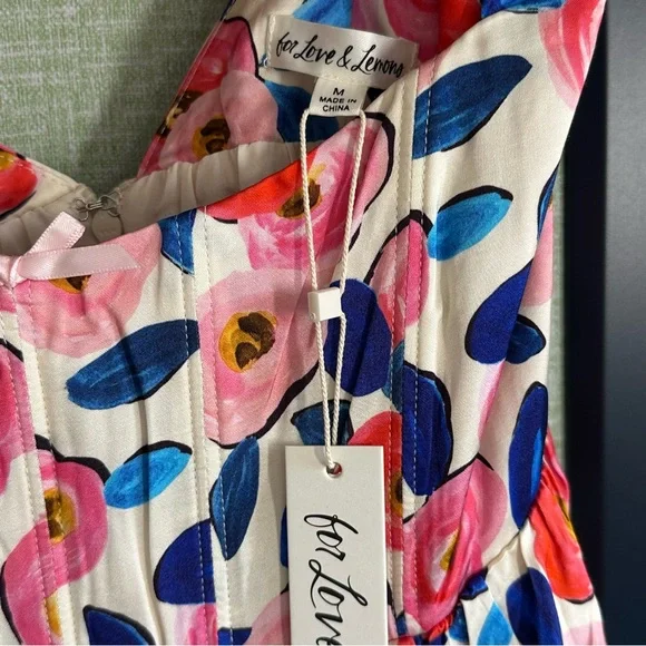 For Love & Lemons Gianna Silky Blue/Pink Floral Mini Dress + Bra, NWT, Size M - Picture 9 of 10